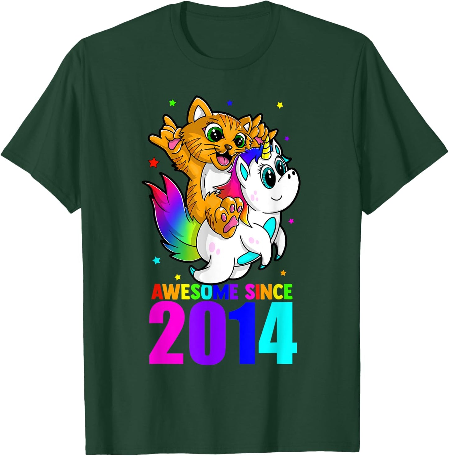 Awesome Since 2014 Unicorn Cat Birthday Girl Boys Cute Kids T-Shirt - T-Shirt | Forest