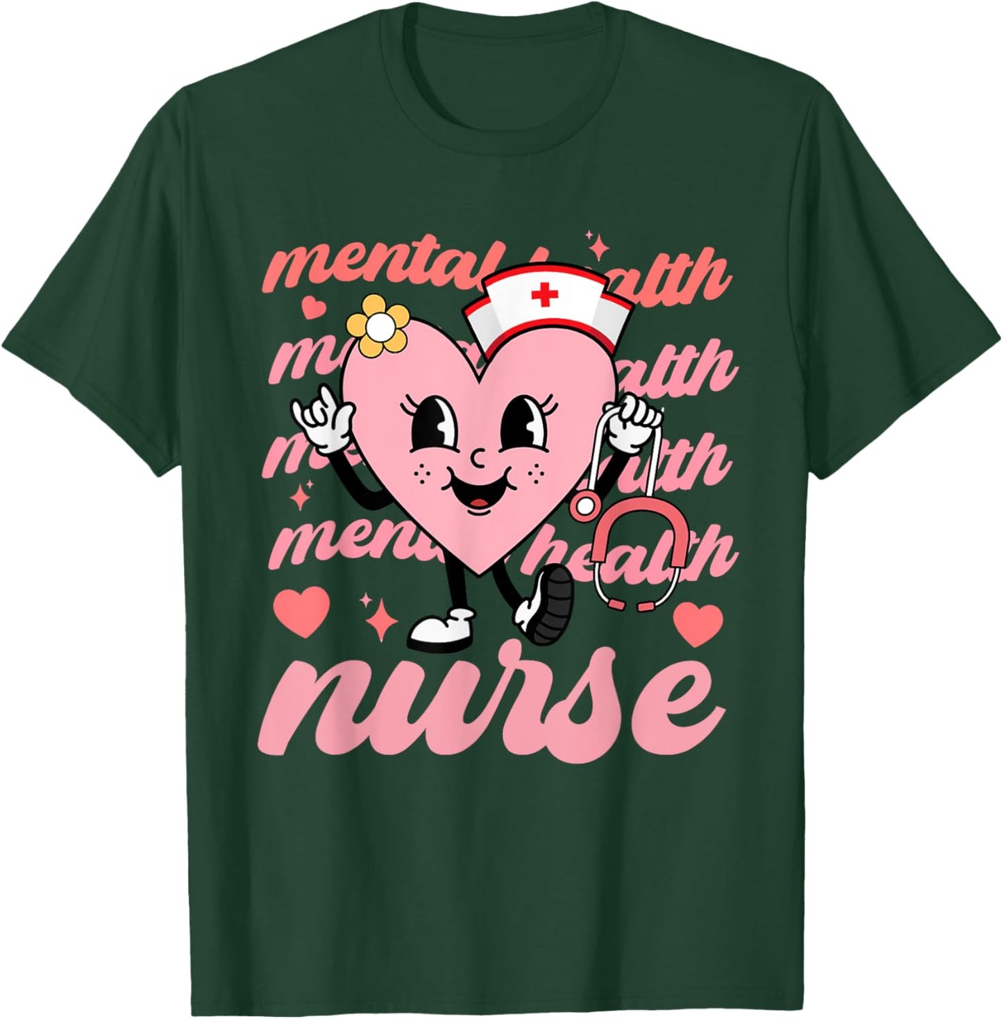 Retro Mental Health Nurse Valentines Day Hearts Stethoscope T-Shirt - T-Shirt | Forest