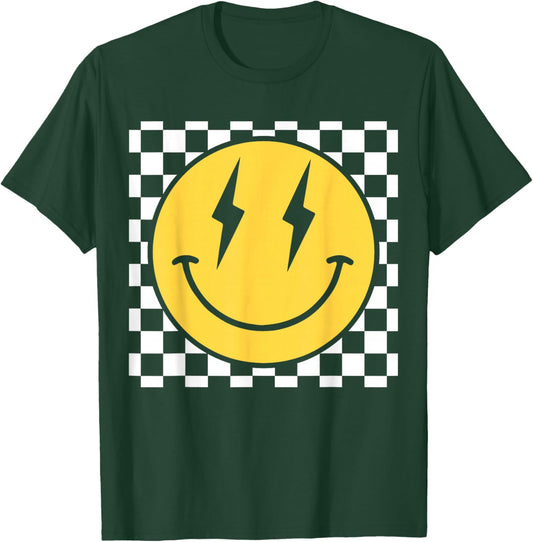 Retro Happy Face Distressed Checkered Pattern Smile Face T-Shirt - T-Shirt | Forest