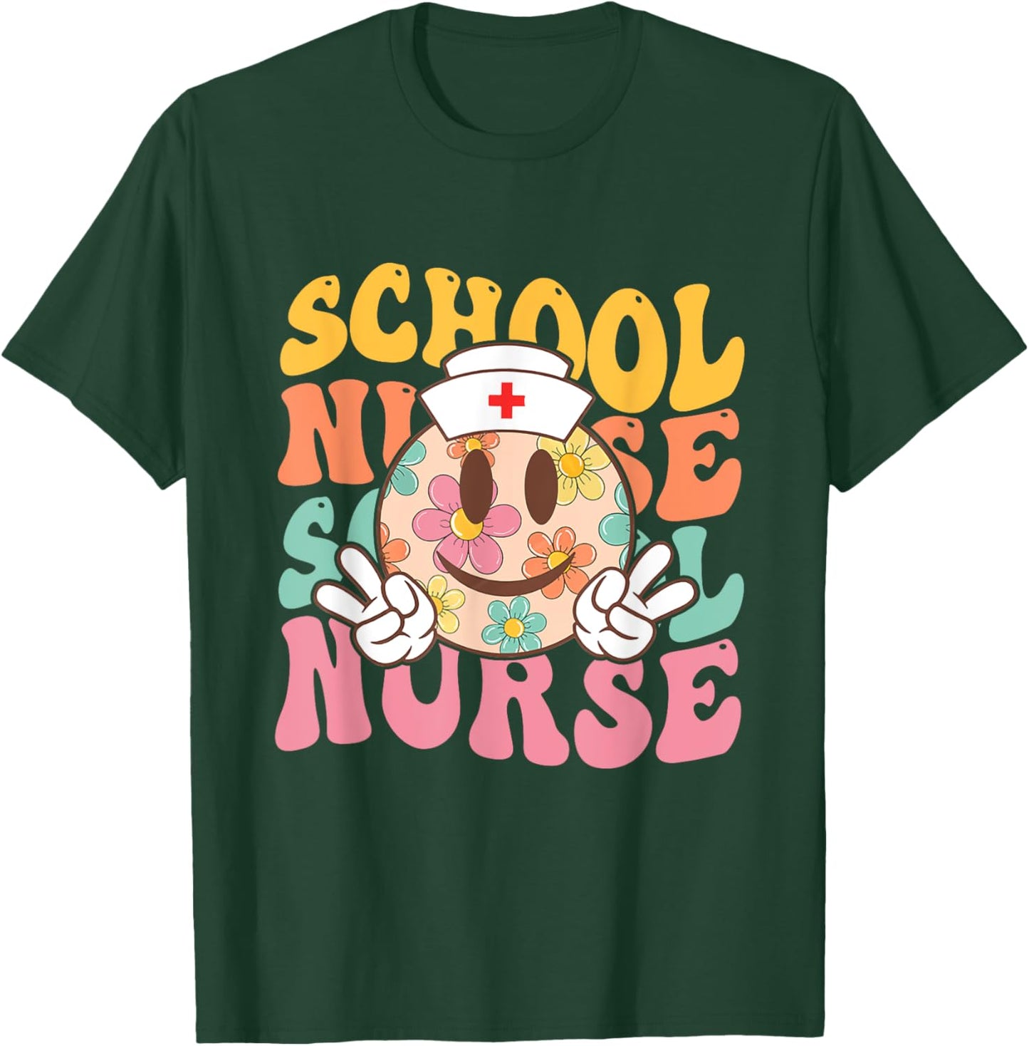 Retro groovy Smile face School Nurse back to school women T-Shirt - T-Shirt | Forest