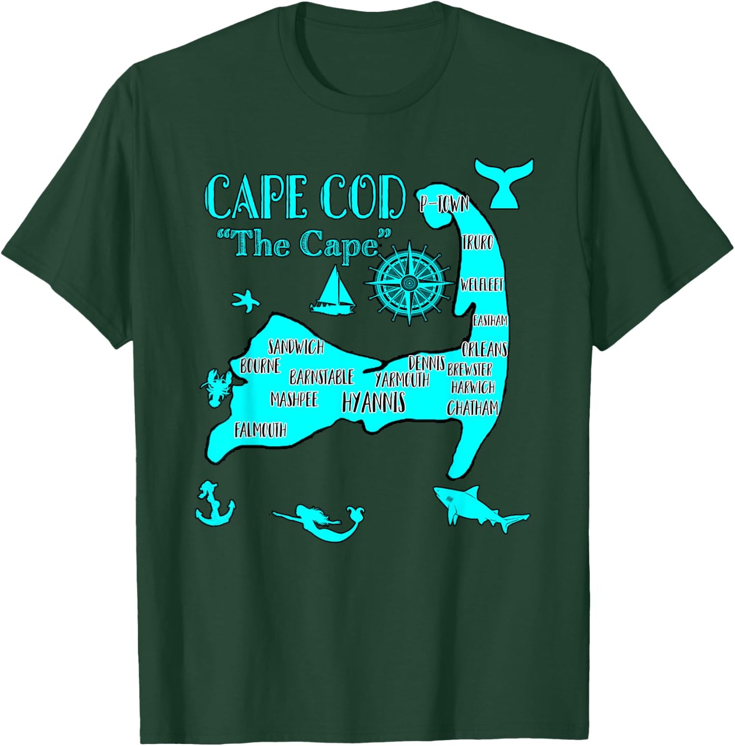 Cape Cod Aqua Blue Nautical Symbols Fish Map T-Shirt - T-Shirt | Forest