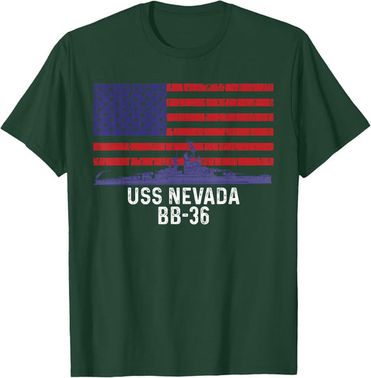 USS Nevada BB-36 Battleship Vintage American Flag T-Shirt - T-Shirt | Forest