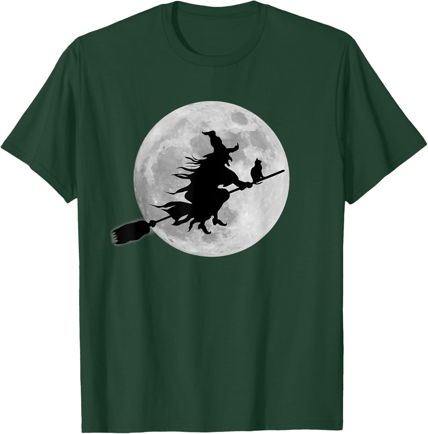 Flying Witch On Broomstick Halloween Full Moon Black Cat Women Kids T-Shirt - T-Shirt | Forest