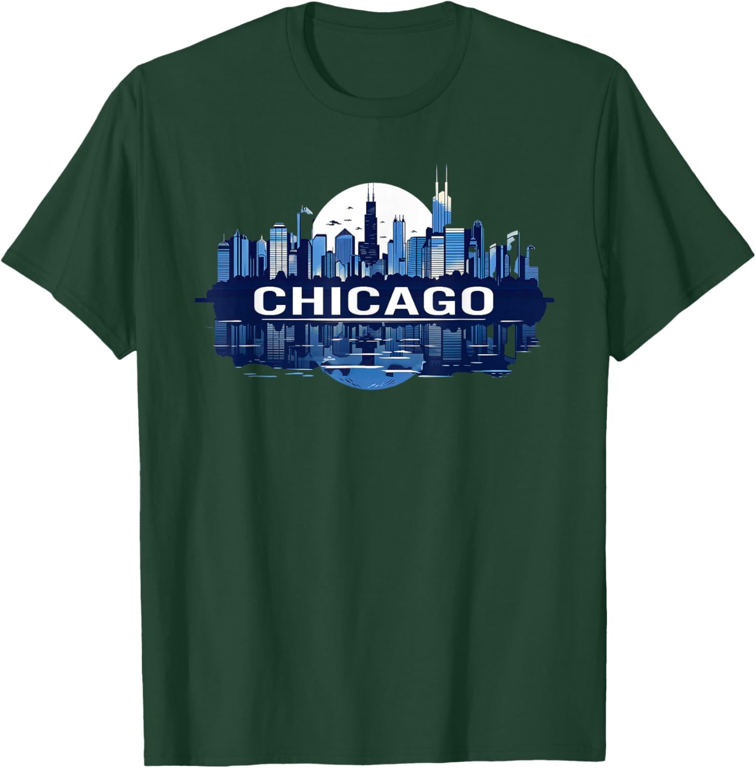 Chicago Skyline Night Design with Moon and City Reflection T-Shirt - T-Shirt | Forest
