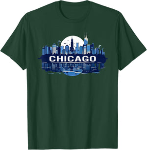 Chicago Skyline Night Design with Moon and City Reflection T-Shirt - T-Shirt | Forest