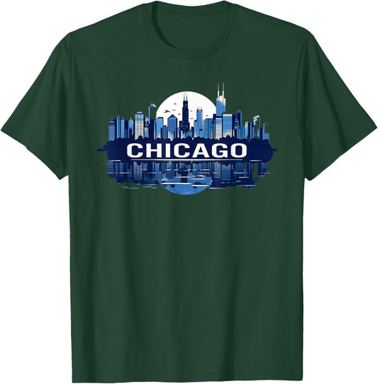 Chicago Skyline Night Design with Moon and City Reflection T-Shirt - T-Shirt | Forest