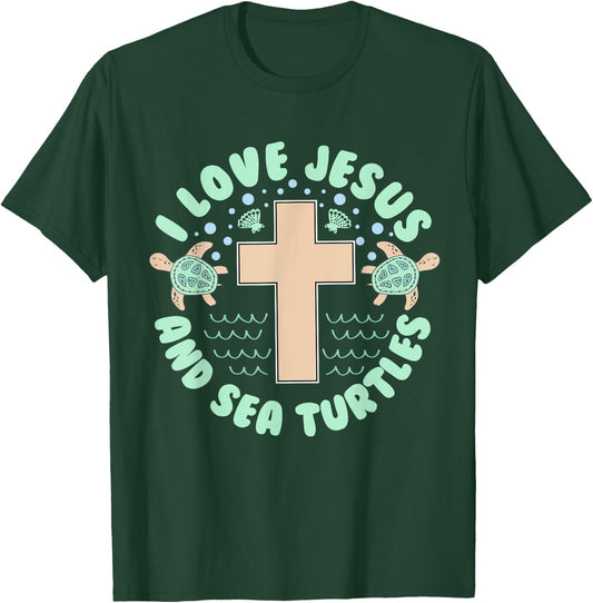 I Love Jesus & Sea Turtles Christian Faith Cross Beach Gift T-Shirt - T-Shirt | Forest