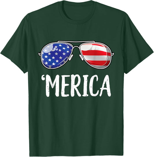 Merica Sunglasses 4th of July Men Women USA American Flag T-Shirt - T-Shirt | Forest