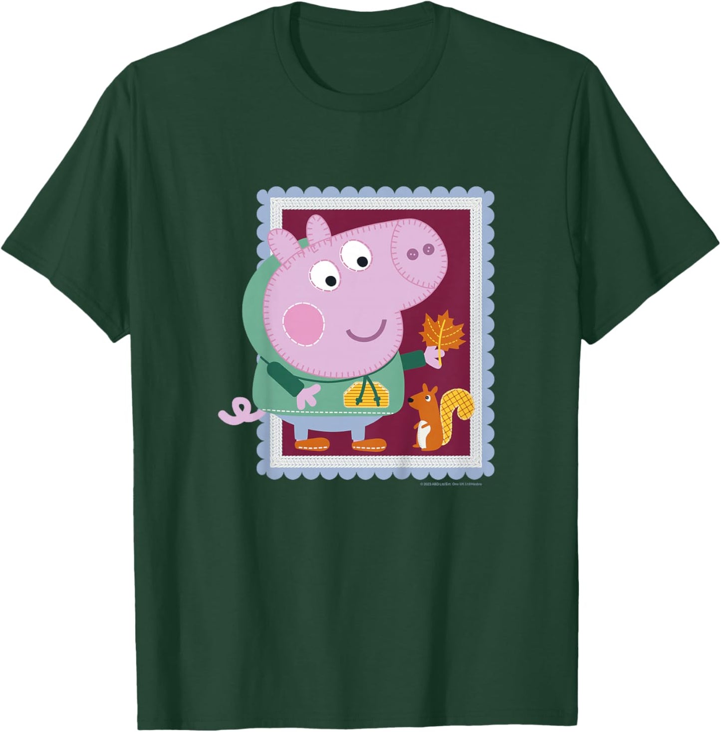 Kids Peppa Pig George & Squirrel Autumn Season Embroidered Stamp T-Shirt - T-Shirt | Forest