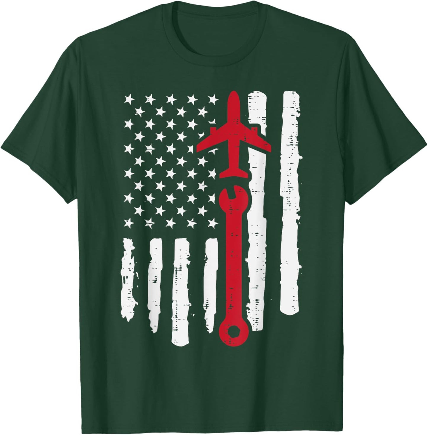 US Flag Airplane Wrench Aircraft Mechanic Patriot Men Women T-Shirt - T-Shirt | Forest