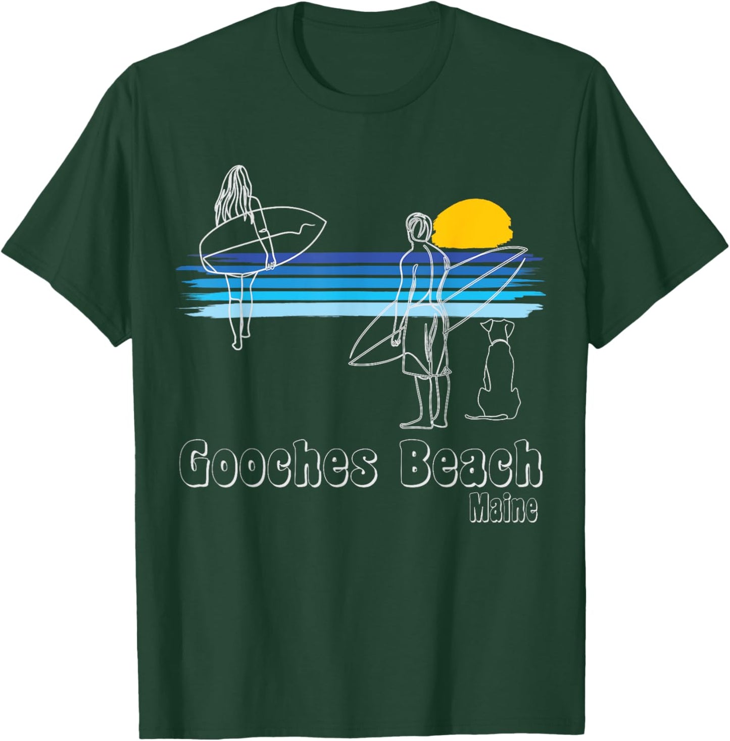 Gooches Beach Maine Surf Guy, Girl with dog Surfing T-Shirt - T-Shirt | Forest