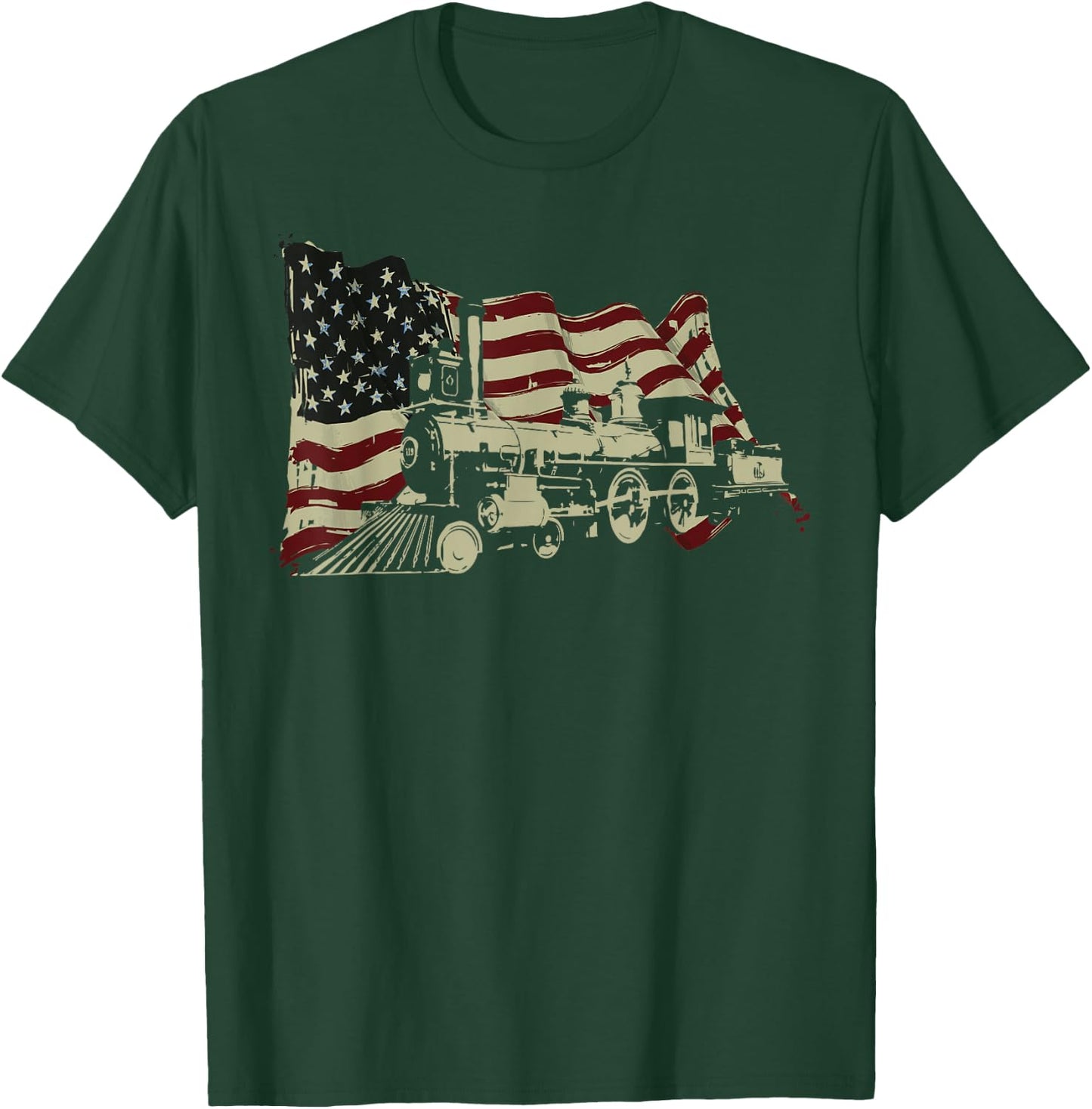 Steam Train Driver Trainspotting Locomotive American Flag T-Shirt - T-Shirt | Forest