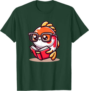 Adorable Book Lover Koi Fish With Reading Glasses Cute T-Shirt - T-Shirt | Forest