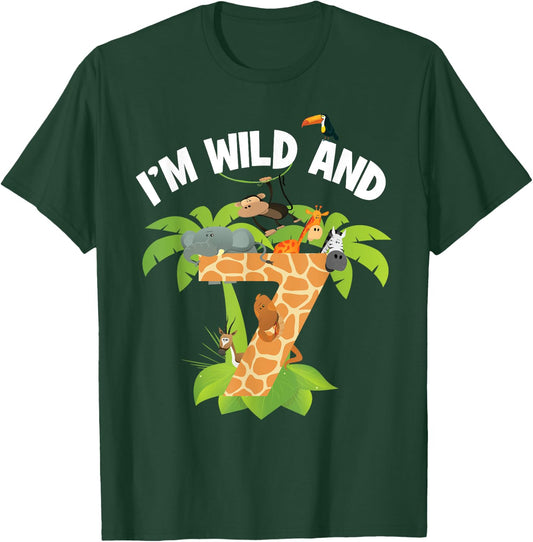 I'm Wild And 7 Years Old Zoo Theme 7th Birthday Animal Party T-Shirt - T-Shirt | Forest
