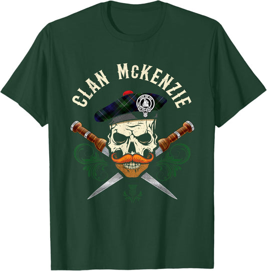 Scottish Clan McKenzie Surname Skull Dirks Tartan Badge T-Shirt - T-Shirt | Forest
