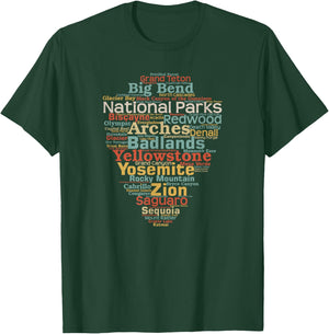 National Parks List US Word Cloud Art Camping Hiking T-Shirt - T-Shirt | Forest