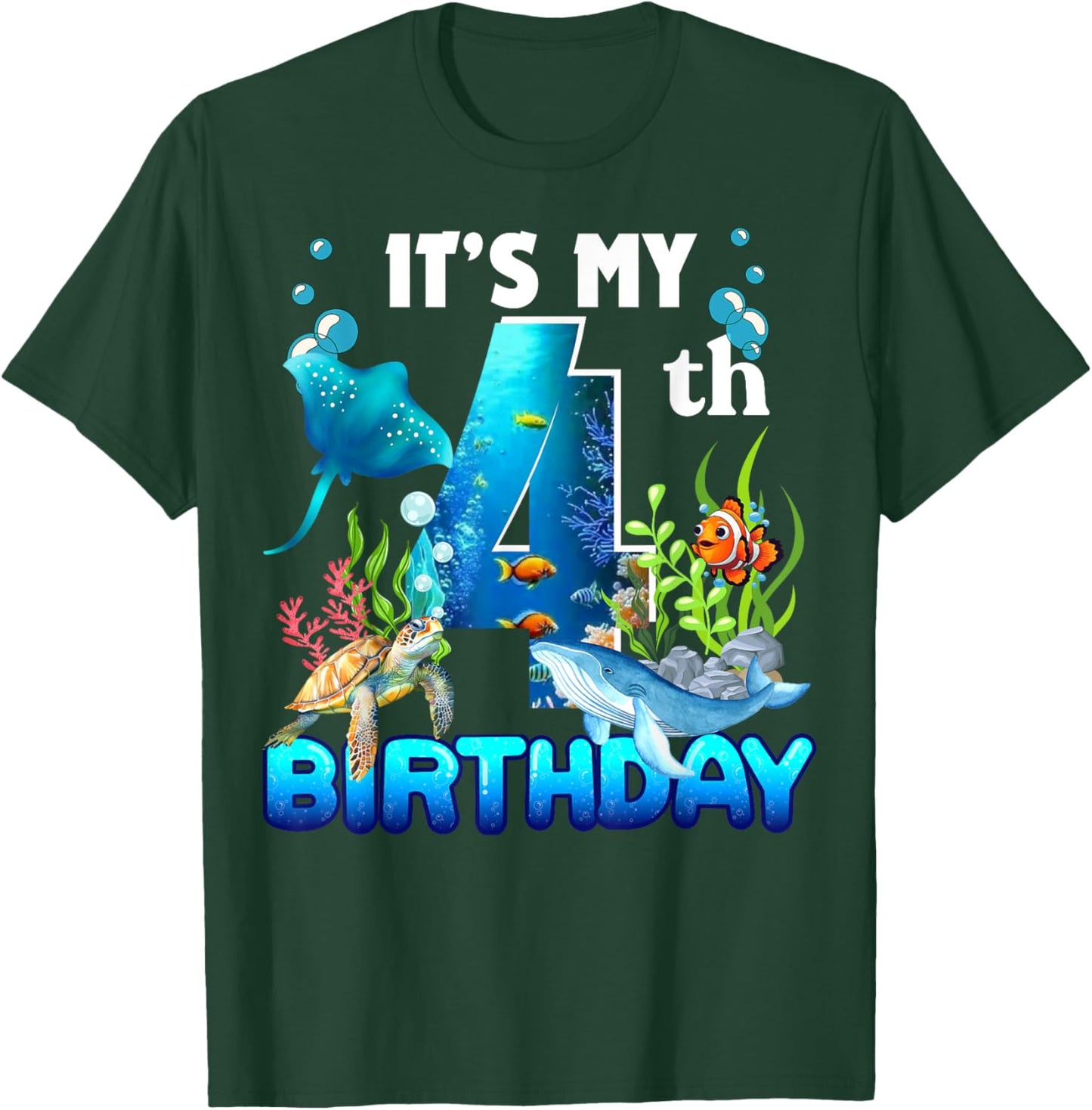 It's My 4th Birthday Party Ocean 4 Years Old Sea Fish B-Day T-Shirt - T-Shirt | Forest