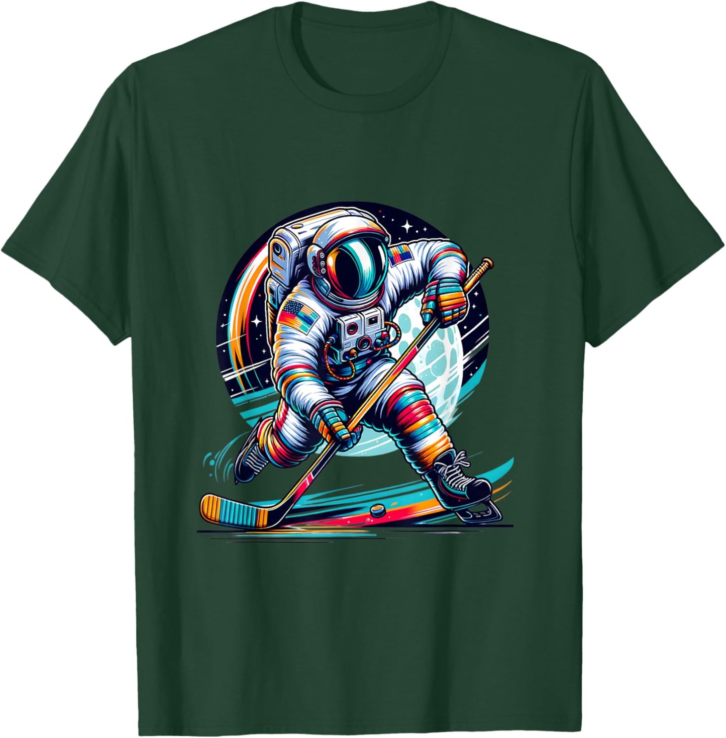 Ice Hockey Player Graphic Funny Astronaut Playing Ice Hockey T-Shirt - T-Shirt | Forest