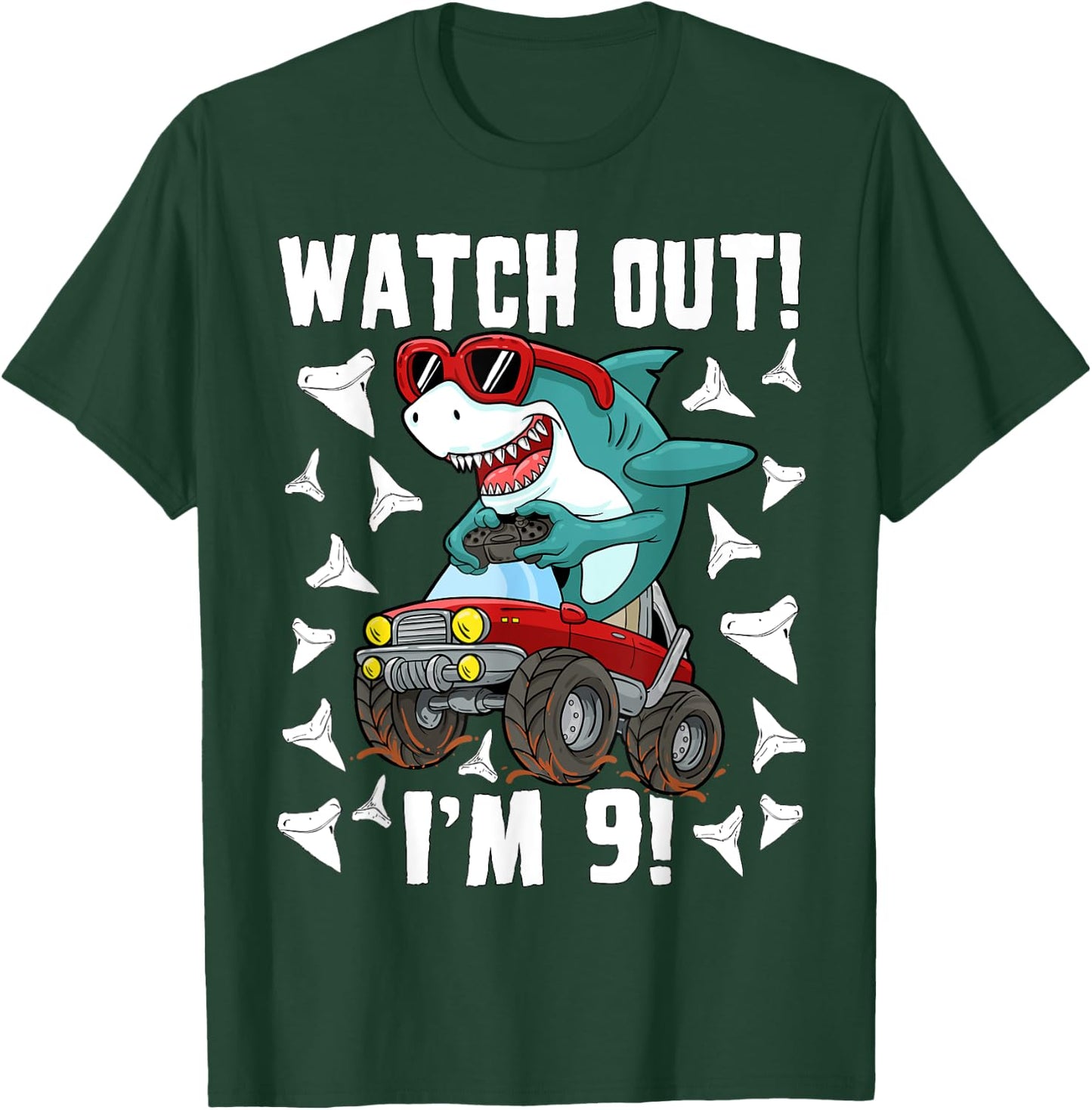 9 Years Old 9th Birthday Shark Boy Girl Monster Truck Gamer T-Shirt - T-Shirt | Forest