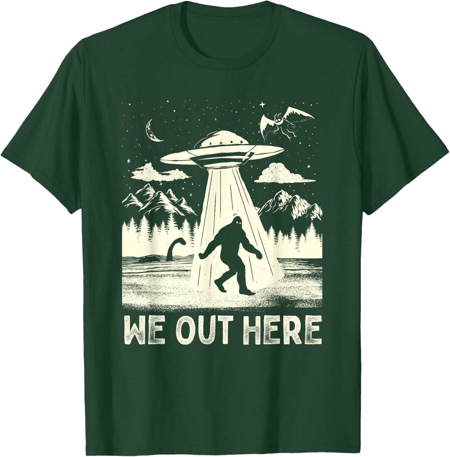 We Out Here Funny Bigfoot Mothman Cryptid UFO Abduction T-Shirt - T-Shirt | Forest