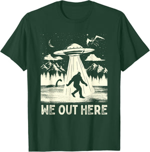 We Out Here Funny Bigfoot Mothman Cryptid UFO Abduction T-Shirt - T-Shirt | Forest