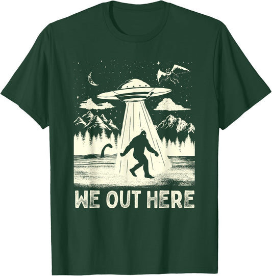 We Out Here Funny Bigfoot Mothman Cryptid UFO Abduction T-Shirt - T-Shirt | Forest