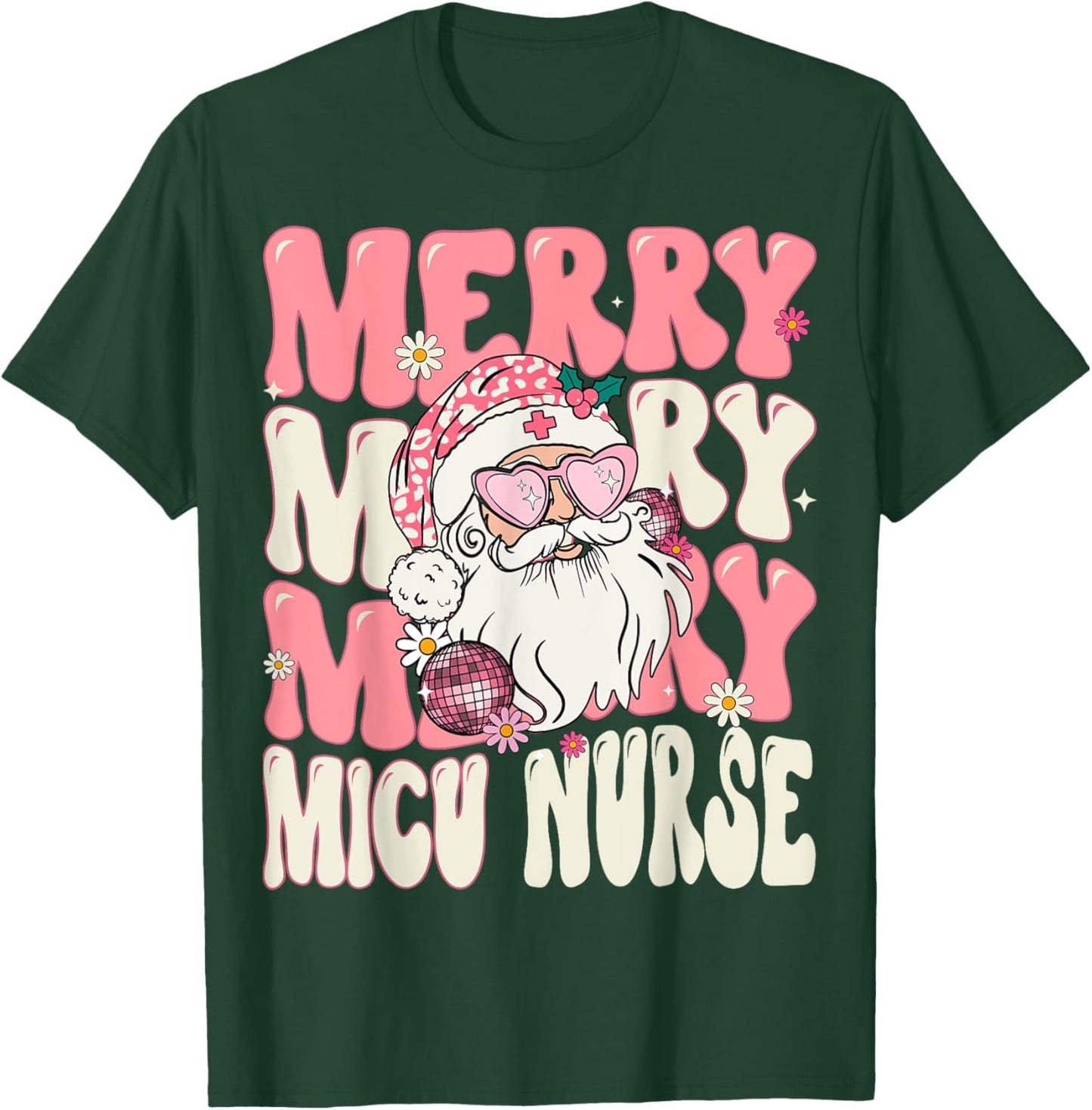 Merry MICU Nurse Christmas Retro Groovy Pink MICU Nurse T-Shirt - T-Shirt | Forest