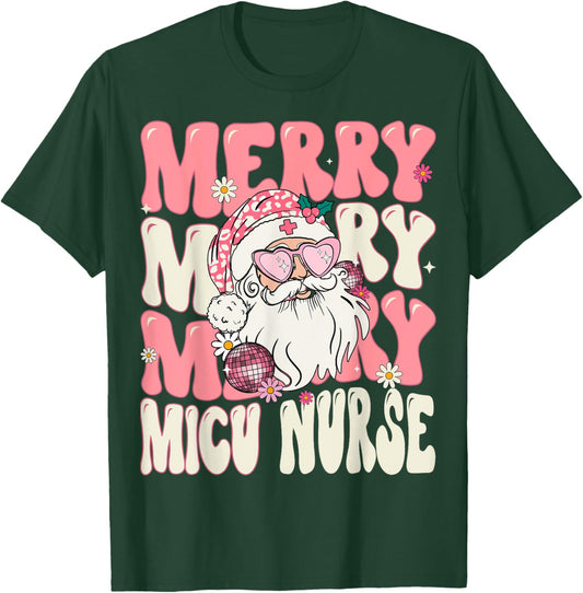 Merry MICU Nurse Christmas Retro Groovy Pink MICU Nurse T-Shirt - T-Shirt | Forest