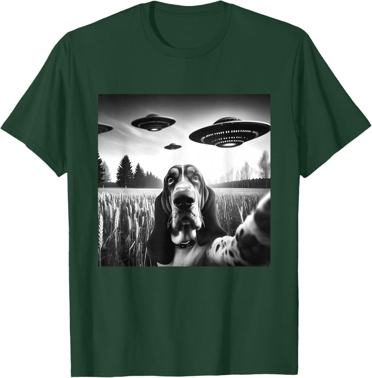 Basset Hound Funny Dog Graphic Selfie with UFOs Weird Aliens T-Shirt - T-Shirt | Forest