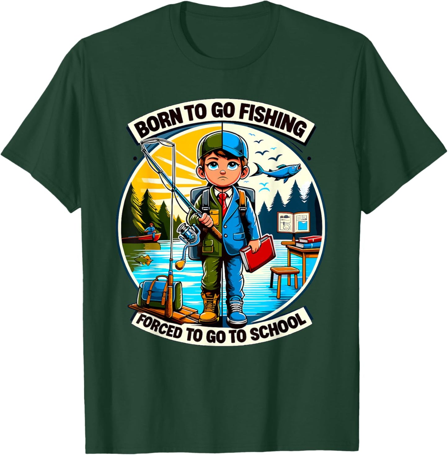 Funny Born To Go Fishing Forced To Go To School T-Shirt - T-Shirt | Forest