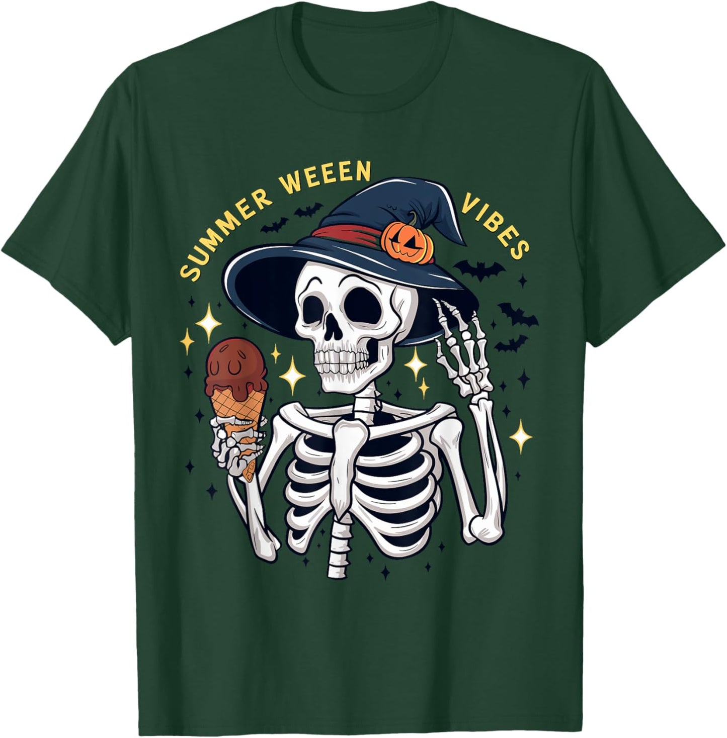 Summerween Vibes Funny Skeleton Ice Cream Summer Vacation Men Women Kids T-Shirt - T-Shirt | Forest