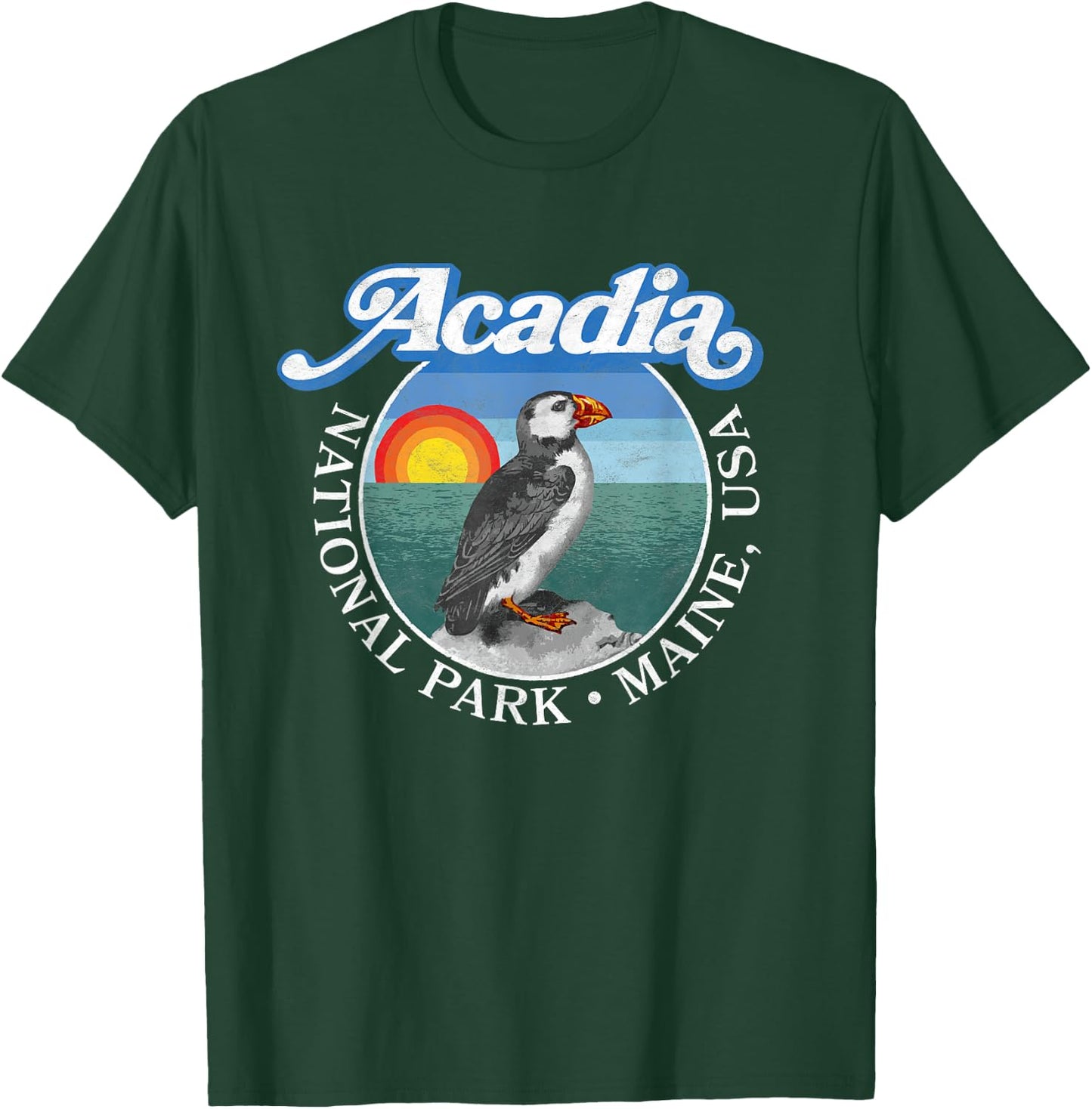 Retro Acadia National Park Vintage Maine Puffin T-Shirt - T-Shirt | Forest