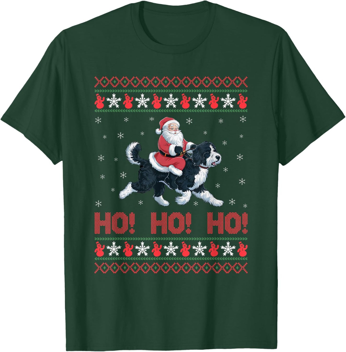 Ho Ho Ho Santa Riding Bernedoodle Dog Ugly Christmas Sweater T-Shirt - T-Shirt | Forest