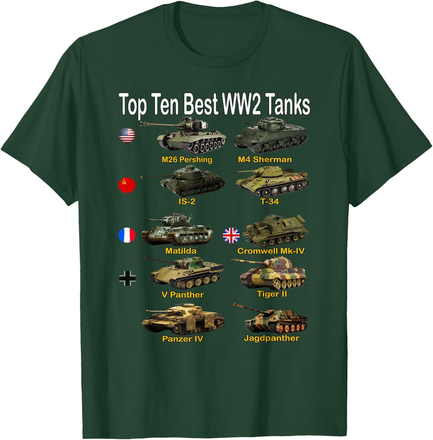 Top Ten Best WW2 Tanks | Sherman Panzer Panther Tiger T-34 T-Shirt - T-Shirt | Forest