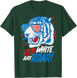 Red White And Roar Tiger Funny 4th Of July Predator Gift T-Shirt - T-Shirt | Forest