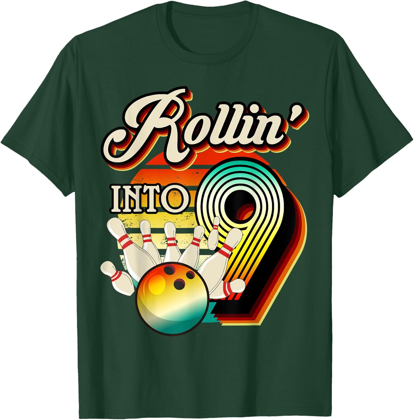Rollin into Bowling 9 Year Old Retro Birthday 9th Bday Party T-Shirt - T-Shirt | Forest