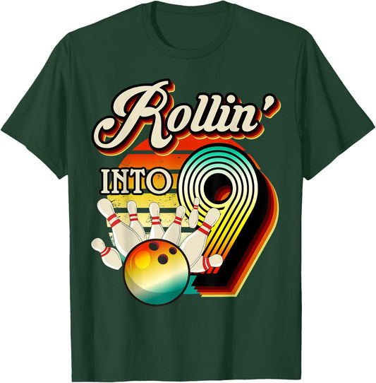 Rollin into Bowling 9 Year Old Retro Birthday 9th Bday Party T-Shirt - T-Shirt | Forest