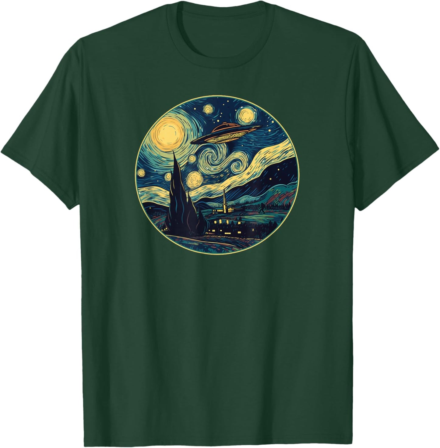 UFO Aliens and Bigfoot Impressionist Style Novelty UAP T-Shirt - T-Shirt | Forest