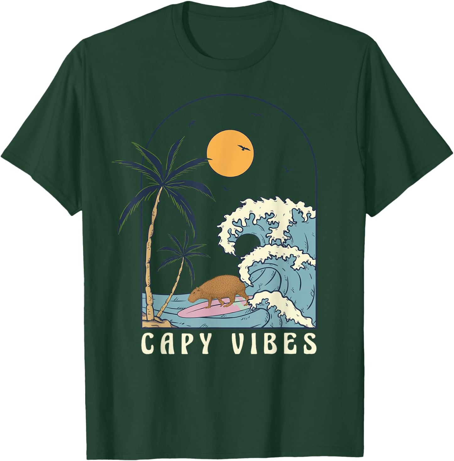 Capybara Surfing at Beach Sunset Summer Surf Capy Vibes Women Girls Kids T-Shirt - T-Shirt | Forest