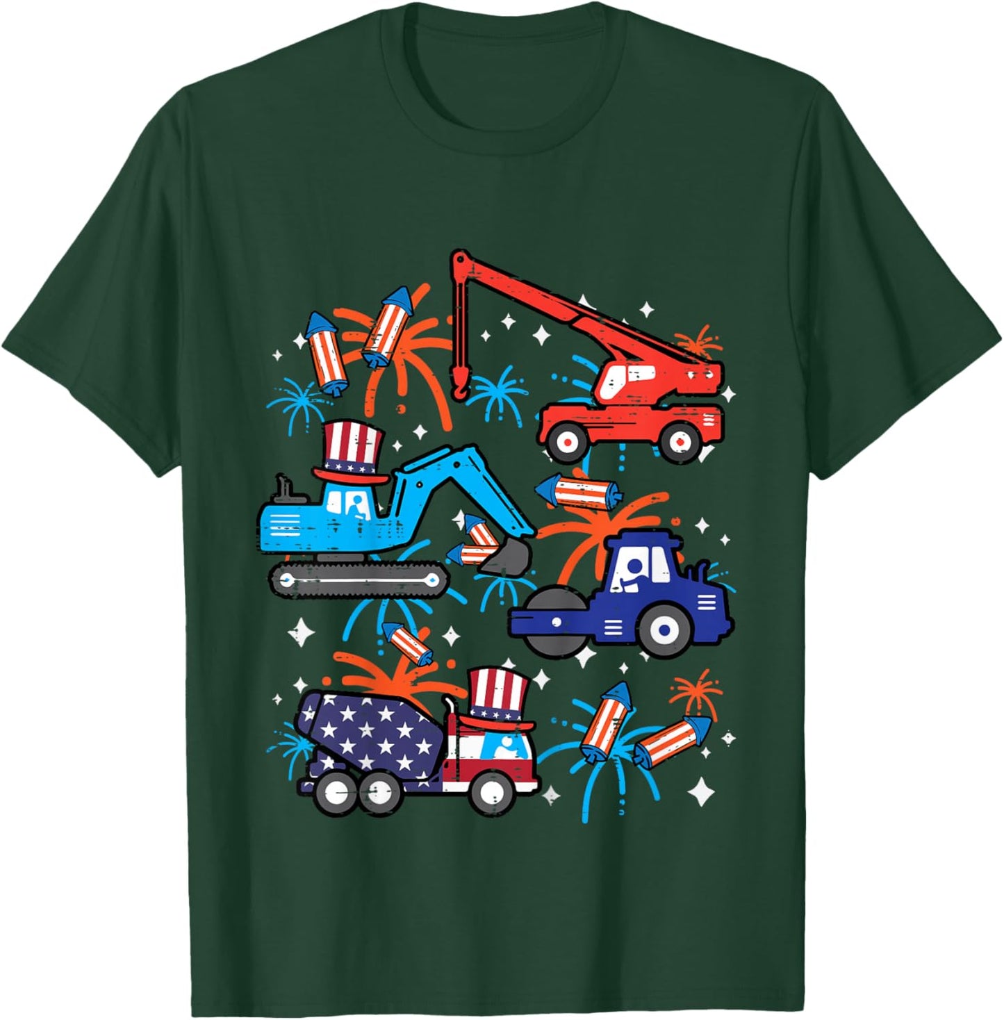 Kids 4th July Construction Trucks Vehicle Patriot Boy Kid Toddler T-Shirt - T-Shirt | Forest