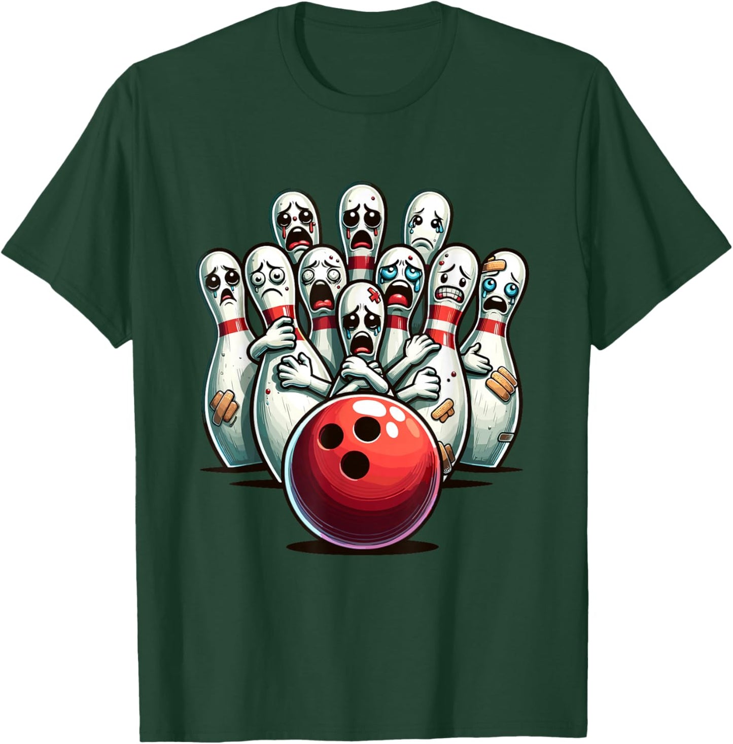 Funny Bowling Pin Faces For Bowling Lover, Men Kids Bowler T-Shirt - T-Shirt | Forest