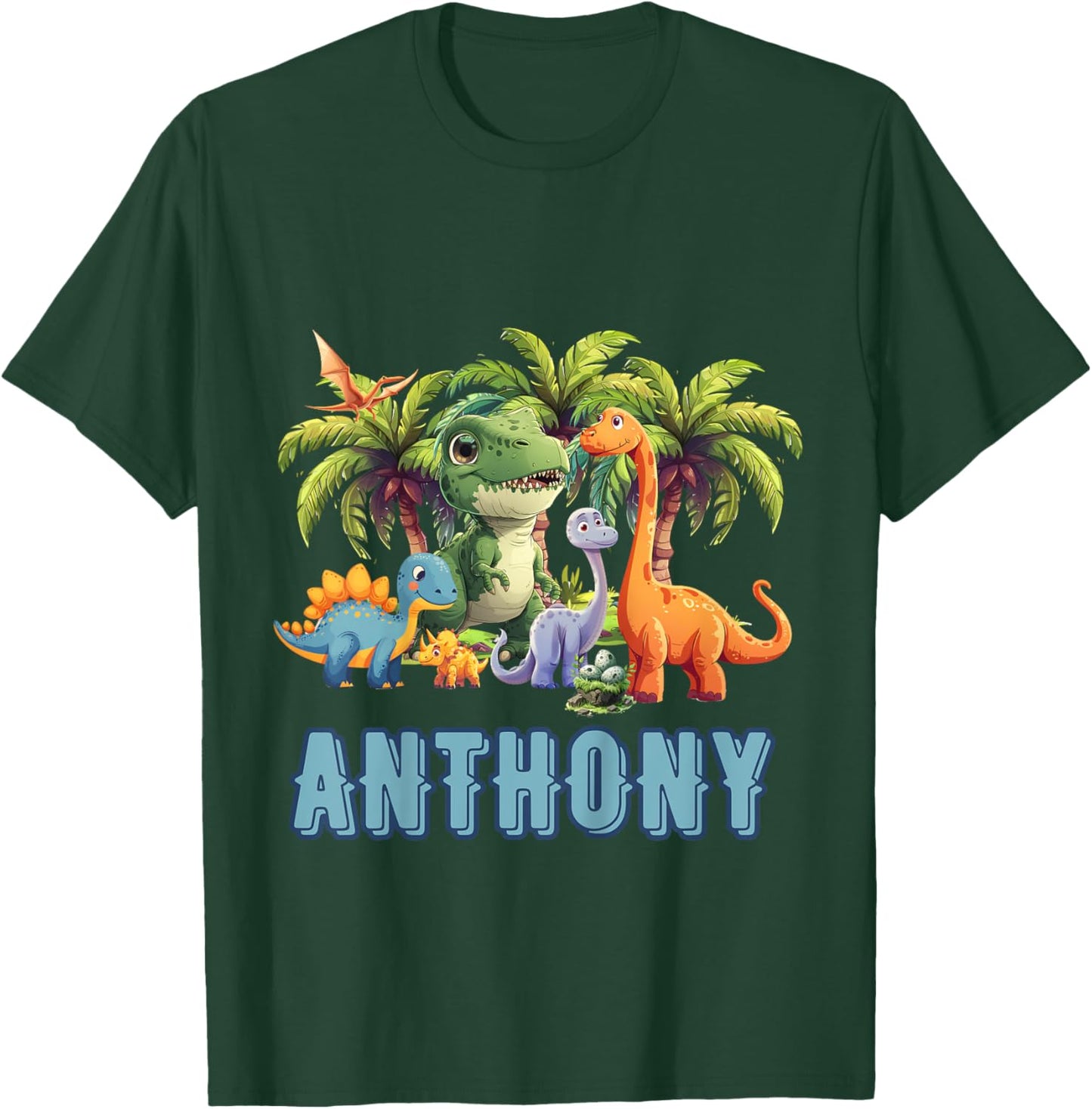 Kids ANTHONY Name Dinosaur Themed Baby Boy Toddler Cute Fun T-Shirt - T-Shirt | Forest