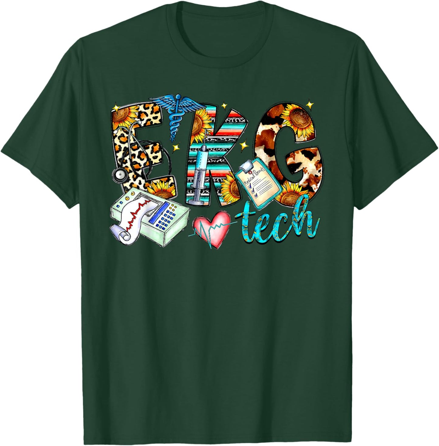 Retro Leopard EKG Tech Apparel Electrocardiogram Specialist T-Shirt - T-Shirt | Forest