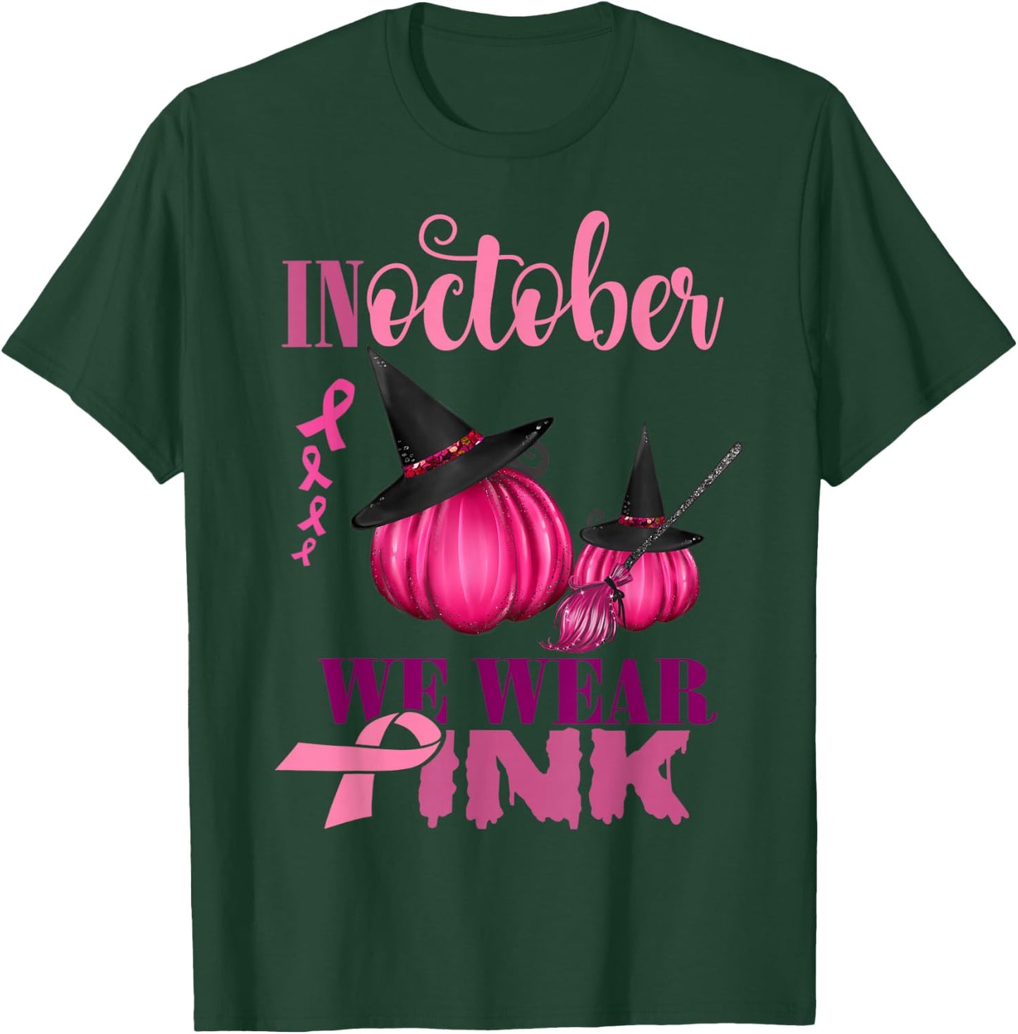 In October We Wear Pink Pumpkin Breast Cancer Halloween T-Shirt - T-Shirt | Forest