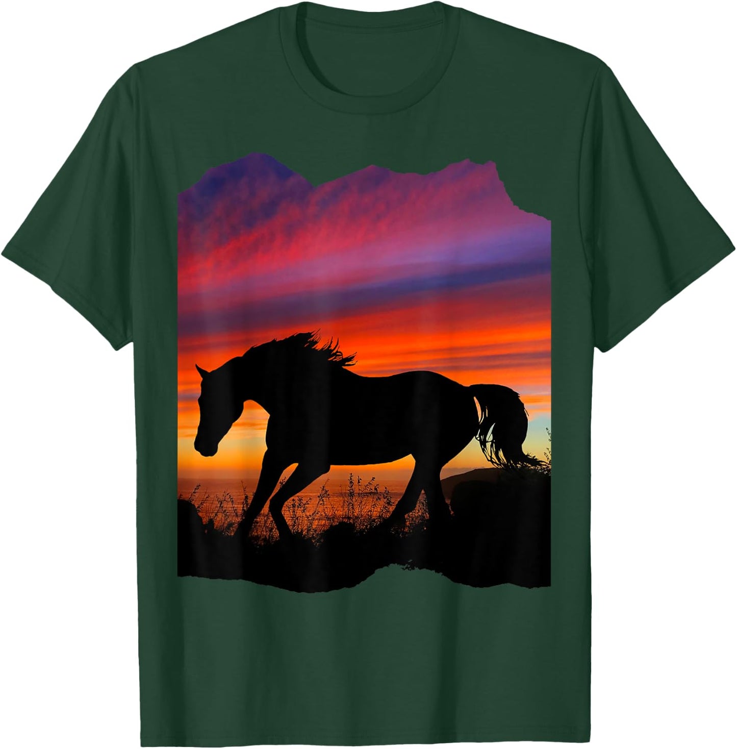 Beautiful Arabian horse sunset silhouette orange purple blue T-Shirt - T-Shirt | Forest