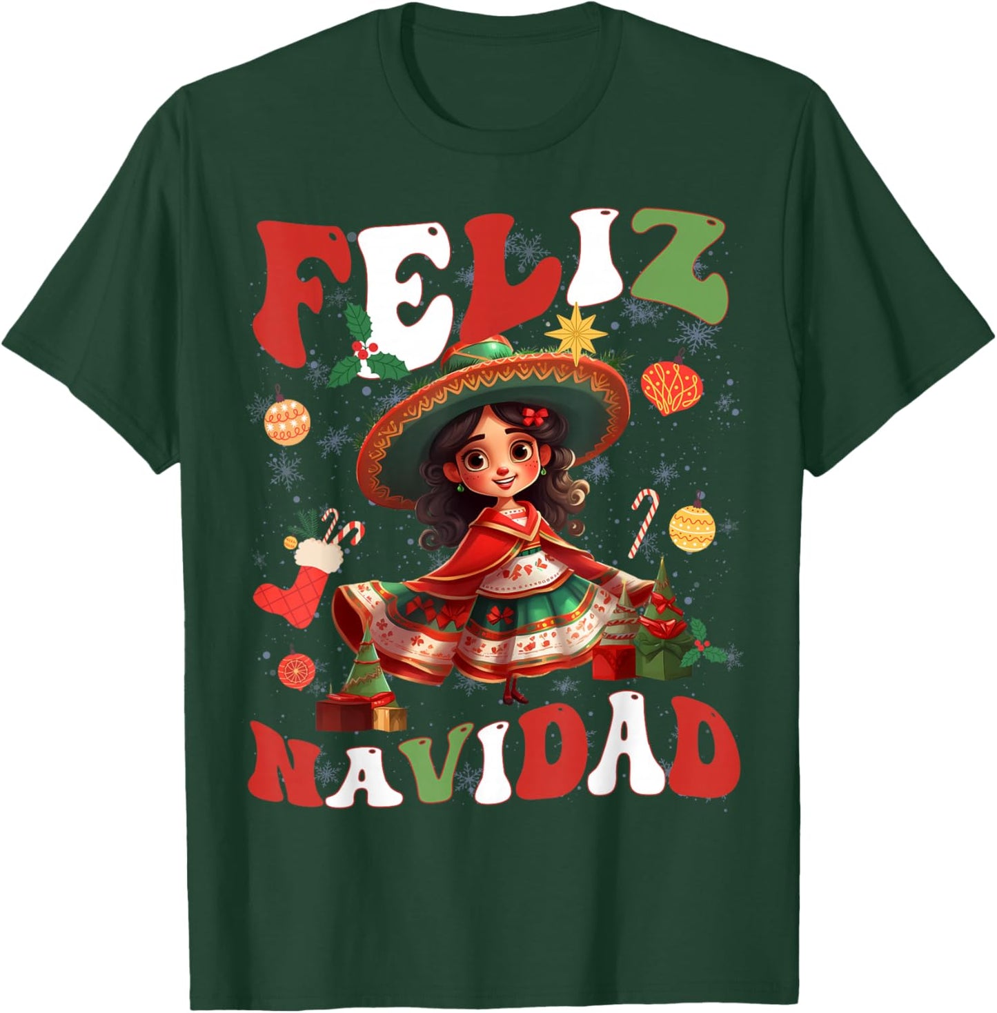 Girls Vintage Feliz Navidad Retro Christmas Spanish Xmas T-Shirt - T-Shirt | Forest