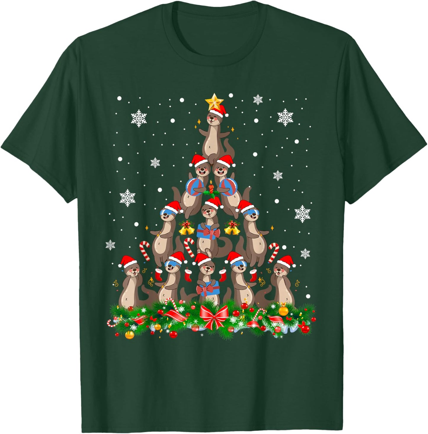 Santa ELF Reindeer Otter Christmas Tree T-Shirt - T-Shirt | Forest
