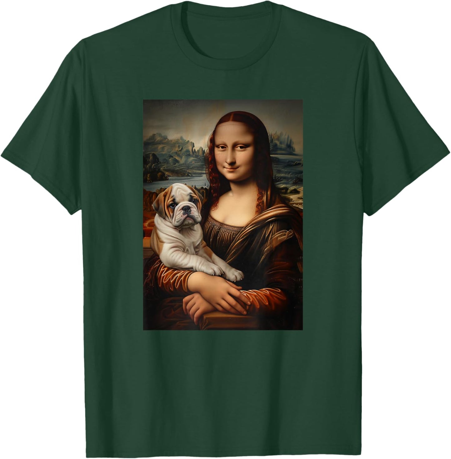 English Bulldog Mona Lisa Painting Art Dog Mom Dad Women Girls Kids T-Shirt - T-Shirt | Forest