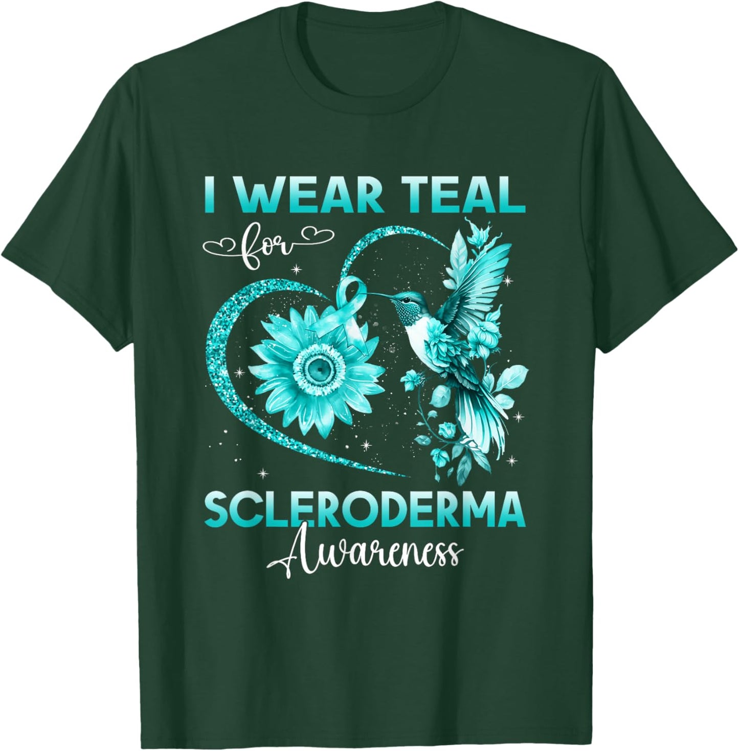 I Wear Teal For Scleroderma Awareness Hummingbird Sunflower T-Shirt - T-Shirt | Forest