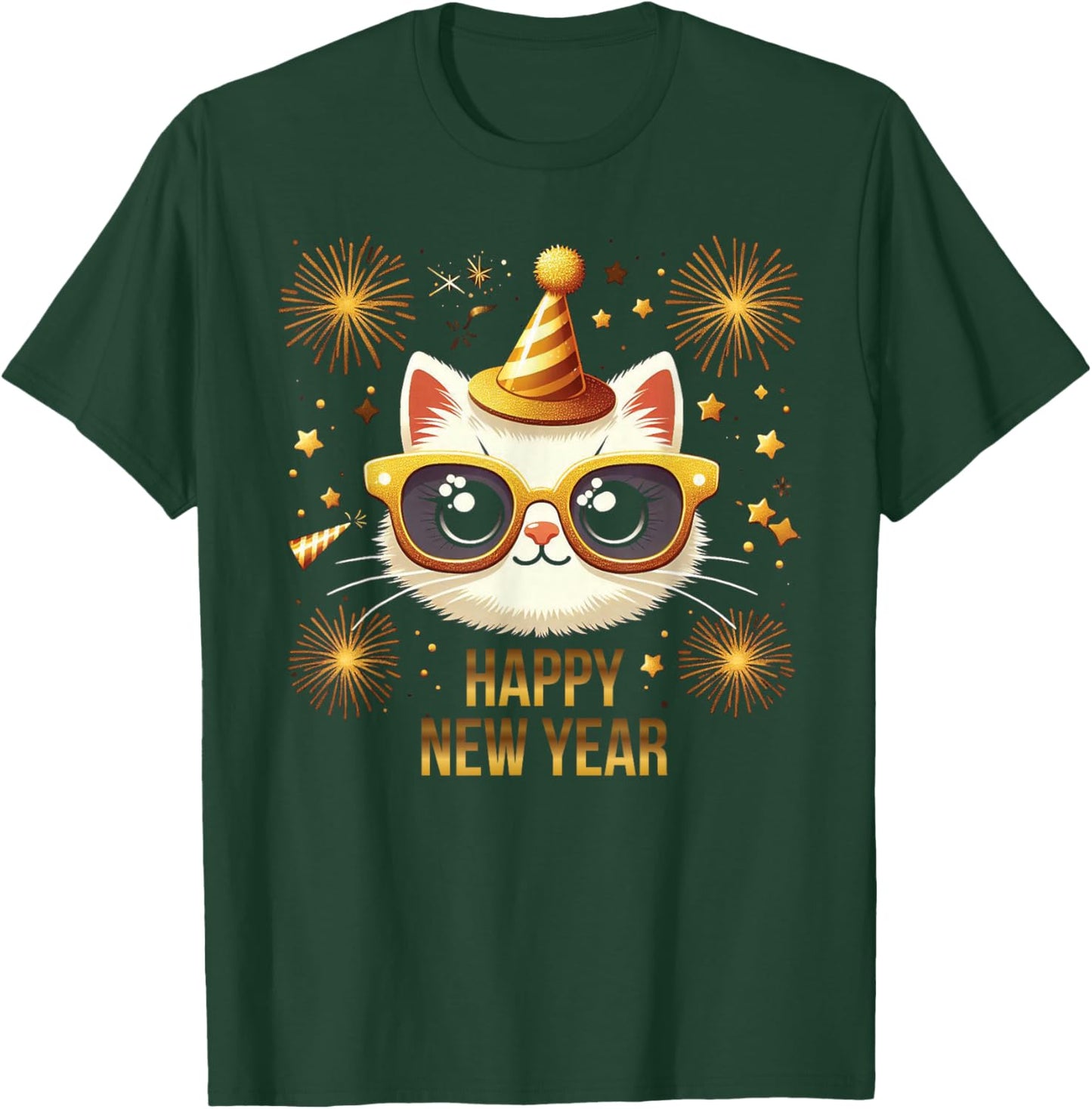 Happy New Year Cat Fireworks New Years Eve Party T-Shirt - T-Shirt | Forest